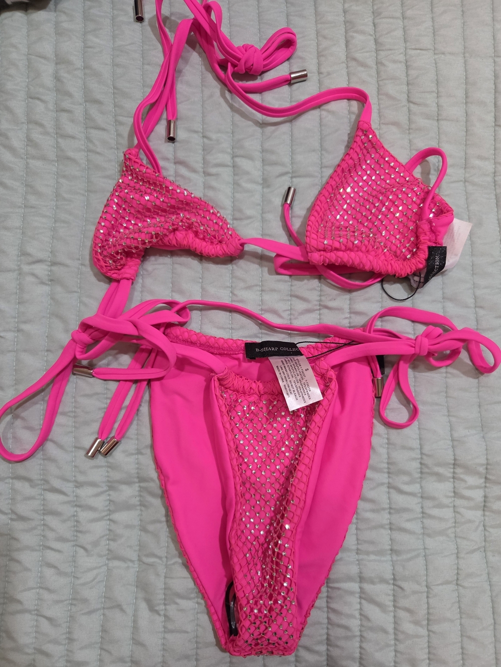 Hot Pink Crystal Mesh Tie Bikini